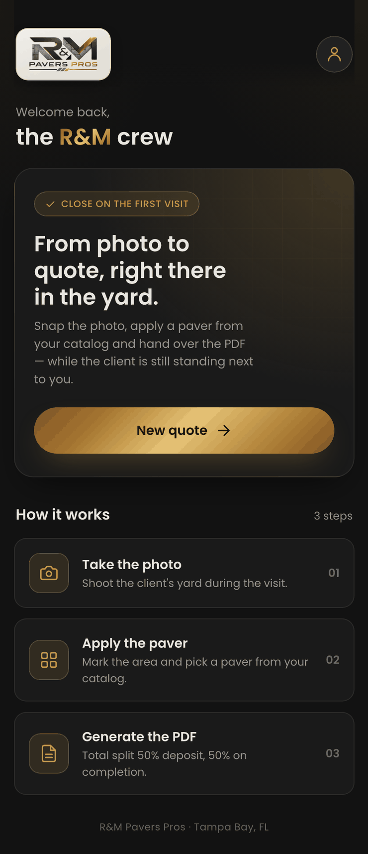 The R&M Pavers Pros app: take a photo of the yard, apply the paver, generate the PDF quote.